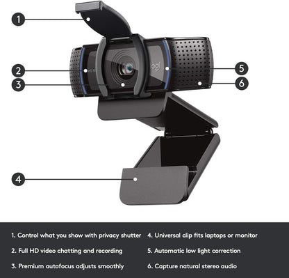 Logitech C920S HD Pro Webcam with Privacy Shutter - Widescreen Video Calling and Recording, 1080p Streaming Camera, Desktop or Laptop Webcam