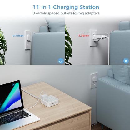 TESSAN Surge Protector Power Strip, 5 Ft Flat Plug Extension Cord with 3 USB (1 USB C) 8 Outlets, 1250W, 900J Protection, 3 Sided Outlet Extender with Power Switch for Office, Dorm Room, Grey