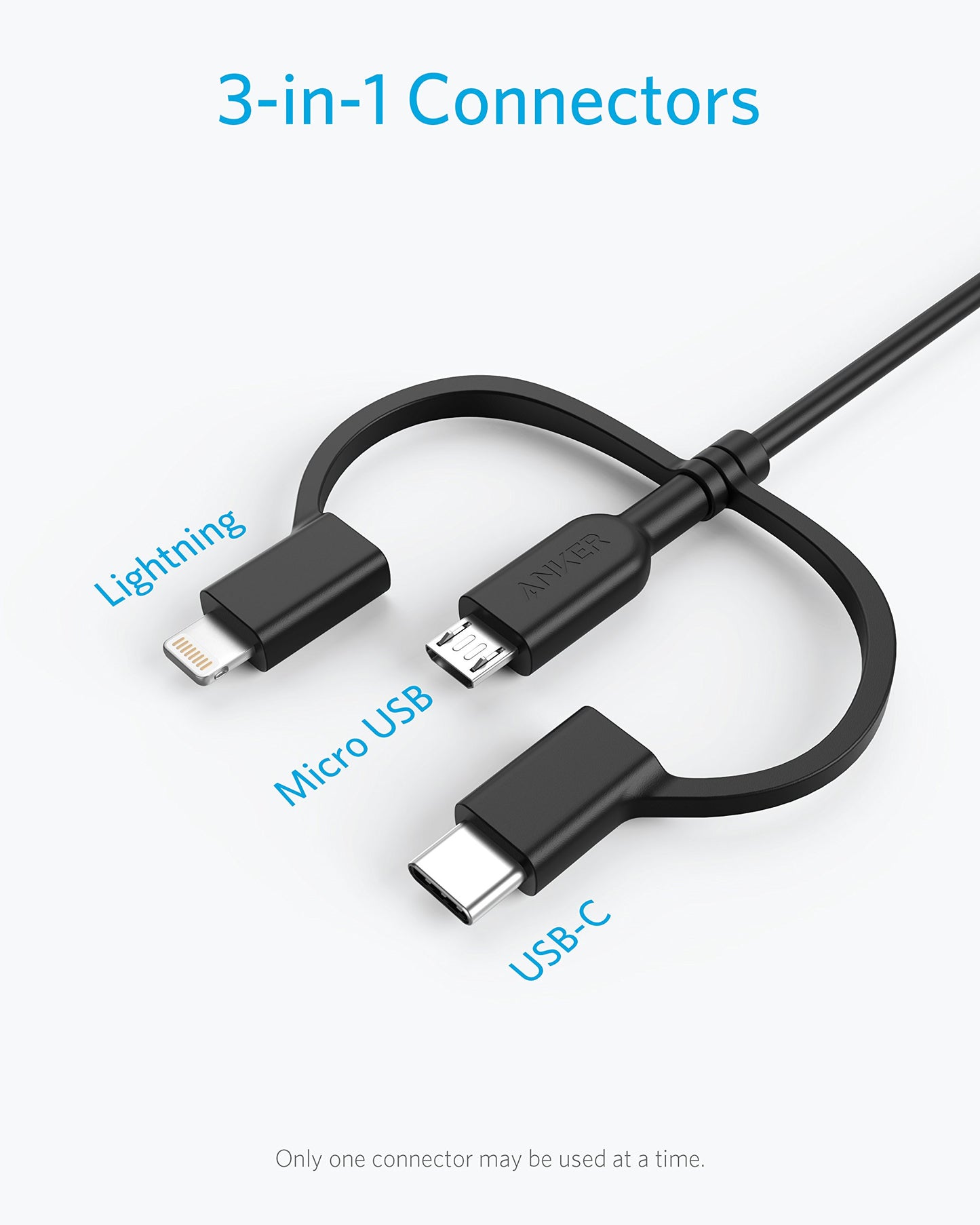 Anker Powerline II 3-in-1 Cable, Lightning/Type C/Micro USB Cable for iPhone, iPad, Huawei, HTC, LG, Samsung Galaxy, Sony Xperia, Android Smartphones, and More(3ft, White)