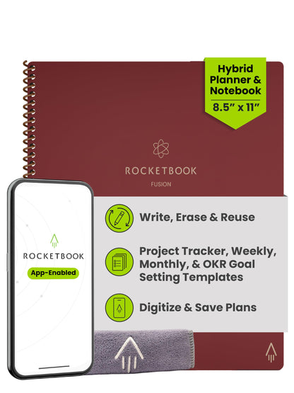 Rocketbook Fusion Hybrid Reusable Planner and Notebook in One, Additional Blank Pages, Goal and Project Tracker, Undated Planner, Letter Size 8.5x11, Black (Pack of 1)