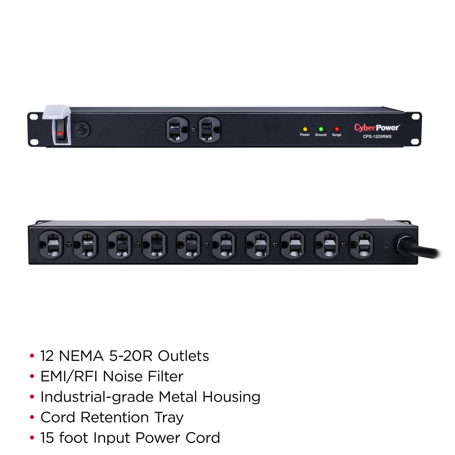 CyberPower CPS1215RMS Surge Protector, 120V/15A, 12 Outlets, 15 ft Power Cord, 1U Rackmount