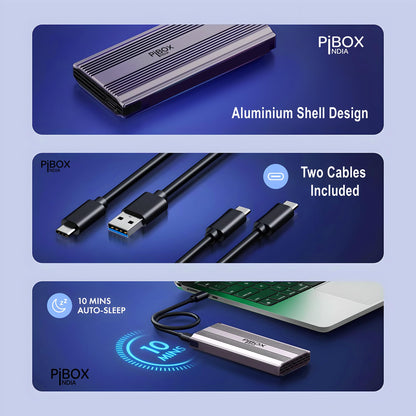 PiBOX India NVMe M2 Enclosure - Dual Protocol USB 3.2 Tool-Free Case, PCI-E Reader, USB-C, M & B+M Keys, 2230/2242/2260/2280 SSDs