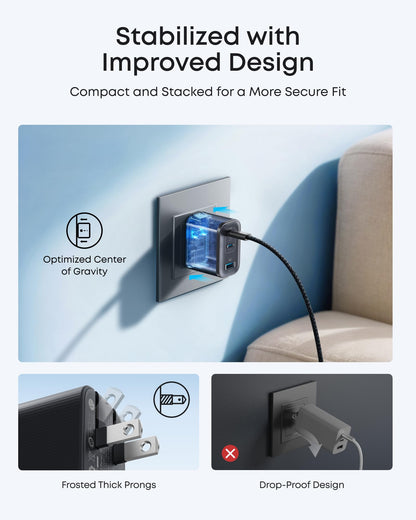 Anker Nano Charger, Ultra-Fast 70W Output 3-Port USB C Charger Block, Fast Charging, Compact and Stylish, for iPhone 17/16 Series, MacBook, iPad, Pixel, Galaxy, and More(Black, Cable Included)