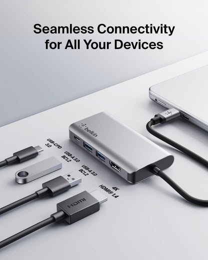 Belkin USB C Hub, 4-in-1 Multi-Port Laptop Dock with 4K HDMI, USB C Docking Station with 100 Watt Pass-Through Power Delivery, 2 X USB A Ports For MacBook Pro, Air, iPad Pro, Chromebook and More