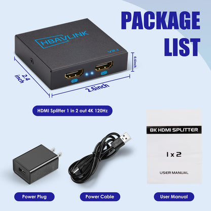 HDMI Splitter 1 in 2 Out 60Hz - HDCP Bypass 2.3, HDR, Dolby/DTS 5.1/7.1 - Compatible with Firestick 4k Max, PS3/PS5 & Elgato HD60s/x/Pro, Apple TV 4K, Retrotink, Roku Stick, NOT for Phone
