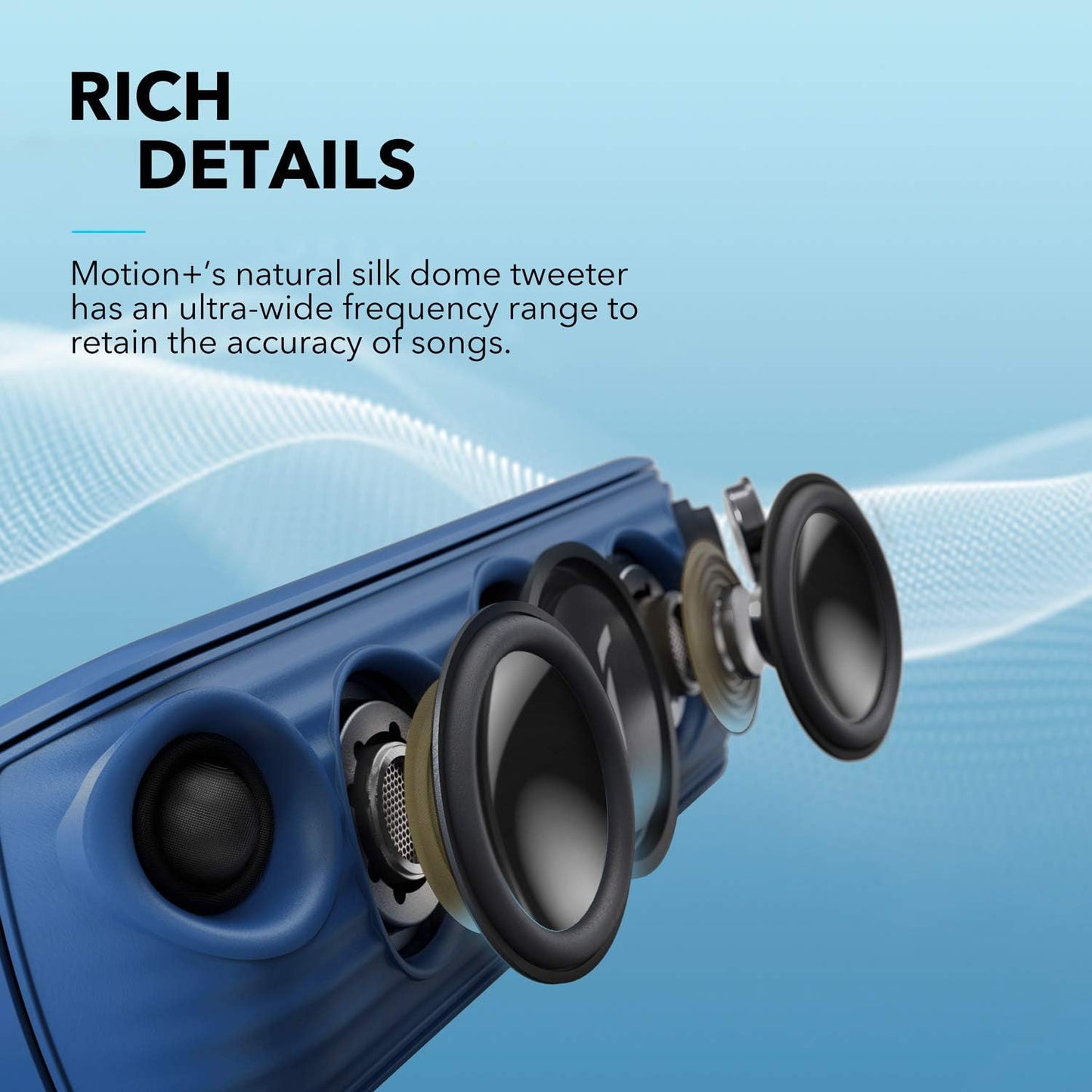 Soundcore Motion+ Bluetooth Speaker with Hi-Res 30W Audio, Extended Bass and Treble, Wireless HiFi Portable Speaker with App, Customizable EQ, 12-Hour Playtime, IPX7 Waterproof, and USB-C, Blue