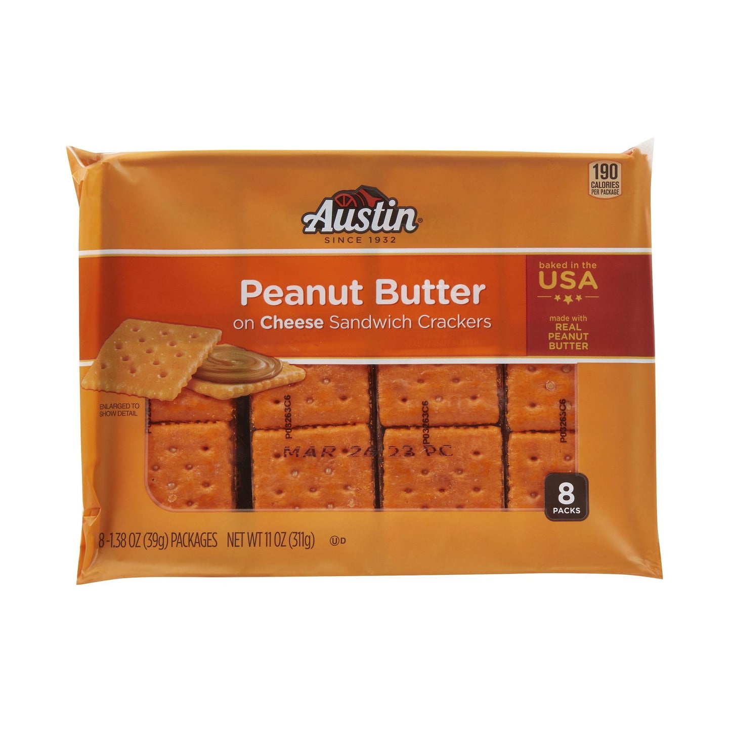Austin Sandwich Crackers, Single Serve Snack Crackers, Office and Kids Snacks, Peanut Butter on Cheese (12 Trays, 96 Packs)