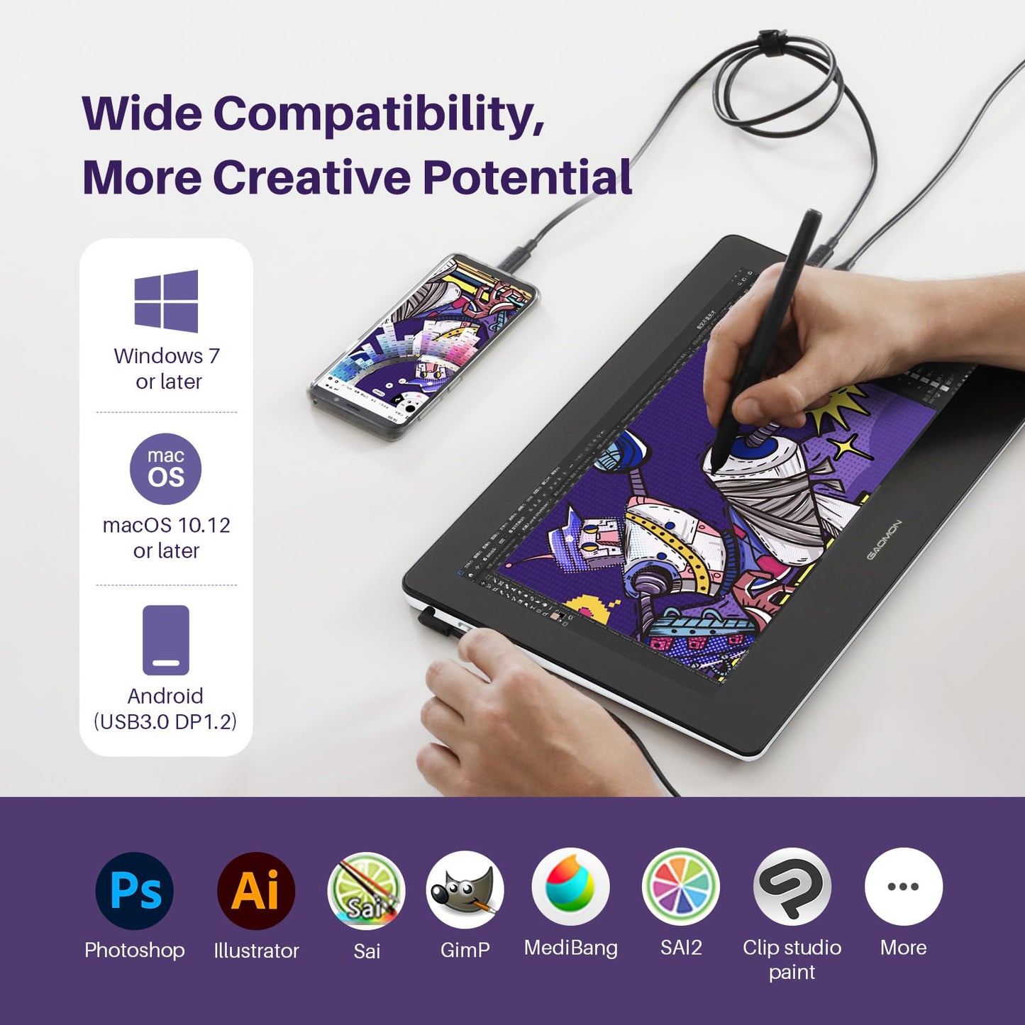 GAOMON PD1161 Drawing Tablet with Screen, Digital Art Tablet with Battery-Free Stylus, Tilt, 8 Shortcut Keys for Paint, Design, Illustration, Editing, 11.6-inch Graphics Tablet for Mac, Windows PC