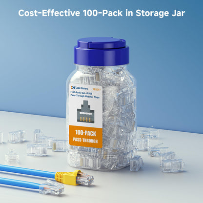 Cable Matters 100-Pack Cat 6 Pass Through RJ45 Connectors, 50µ Gold Plated (Cat 6 Ends / Cat6 Connector /RJ45 Modular Plugs/Ethernet Plugs/Network Connector) for Solid or Stranded UTP Ethernet Cable