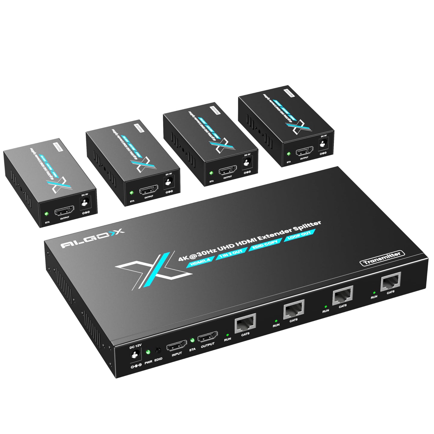 ALGOX 328ft/100m 4K@30Hz HDMI Extender Splitter 1 in 2 Out Over CAT6/6e/7(T-568B) Supports Loop Out, EDID Copy, HDR10, Dolby Vision, 3D Video, Plug and Play, Easy to Install