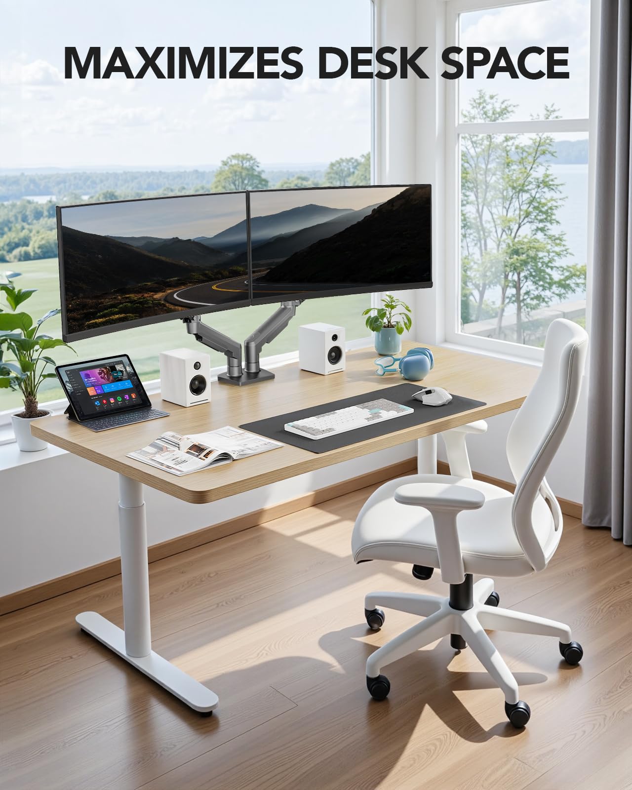 HUANUO FlowLift™ Dual Monitor Stand, Fully Adjustable Gaming Monitor Desk Mount for 13–32″ Computer Screens, Full Motion VESA 75x75/100x100 with C-Clamp & Grommet Base, Each Arm Holds 4.4 to 19.8 lbs