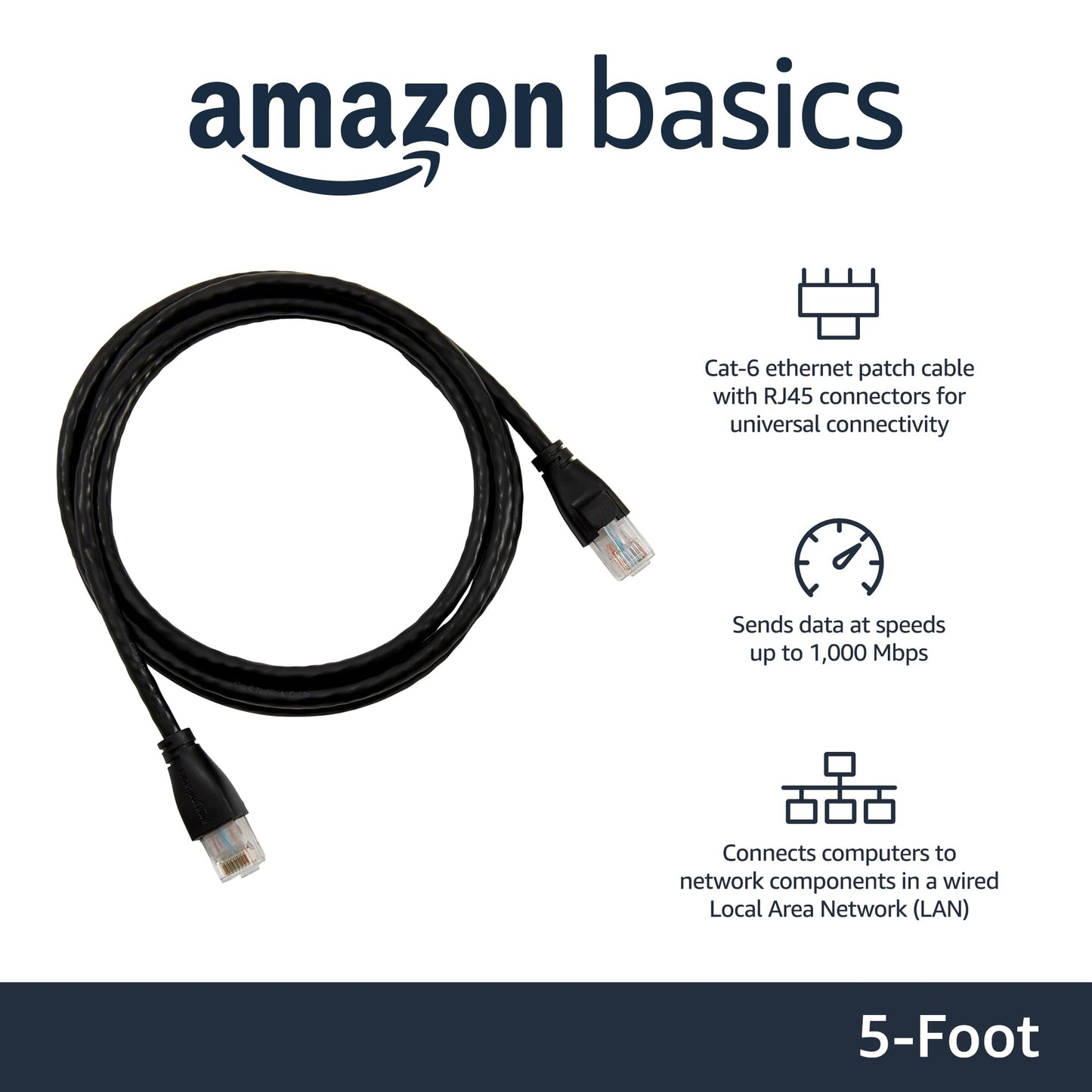 Amazon Basics RJ45 Cat-6 Ethernet Patch Internet Cable, 1Gbps Transfer Speed, Gold-Plated Connectors, Universal Connectivity for PC, TV, Tablet, Router, Printer, 5 Foot, Black