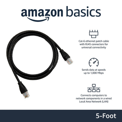 Amazon Basics RJ45 Cat-6 Ethernet Patch Internet Cable, 1Gbps Transfer Speed, Gold-Plated Connectors, Universal Connectivity for PC, TV, Tablet, Router, Printer, 5 Foot, Black