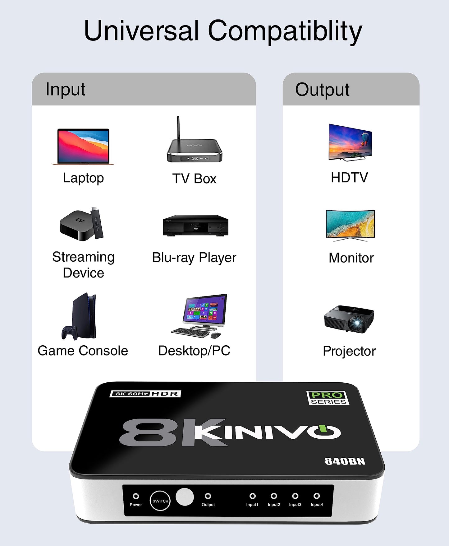 Kinivo HDMI Switch 5 in 1 Out 4K 60Hz (HDR 10, High Speed 18Gbps, IR Remote, HDCP2.2, Dolby Vision, VRR) - 550BN Switcher Compatible with Roku, PS5, Xbox, Apple TV, Nintendo Switch 2, Cable Box