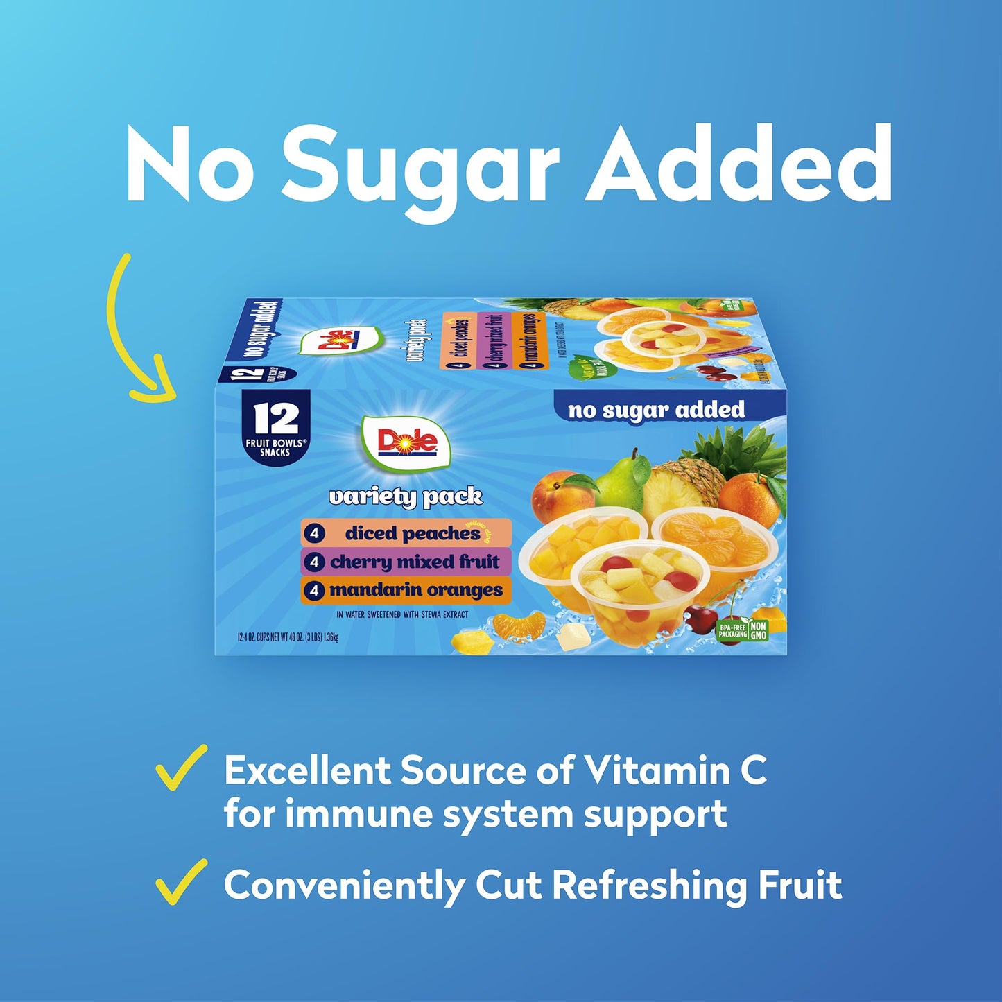 Dole Diced Peaches, Mandarin Oranges, and Cherry Mixed Fruit in 100% Juice Variety Pack - Dole Fruit Bowls Snacks - 4 oz Bowls - 12 Pack