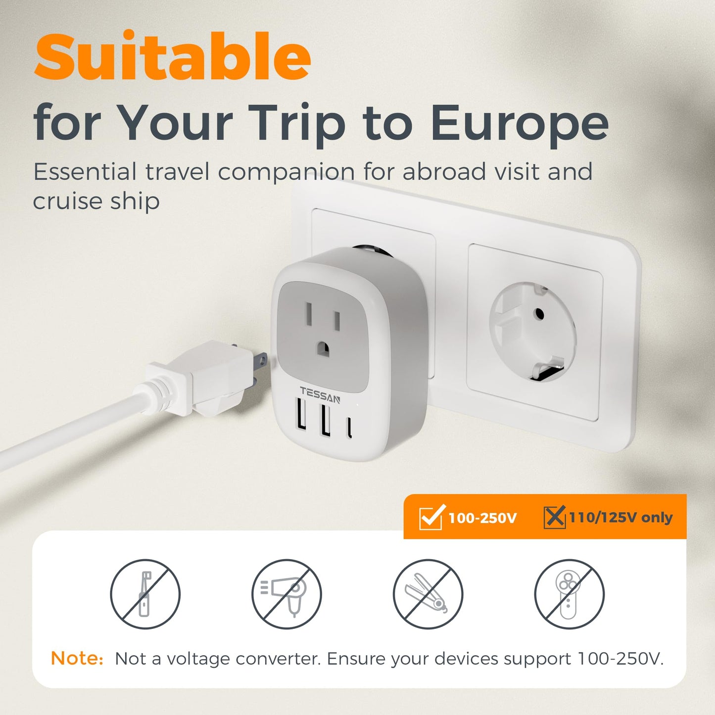 2 Pack European Travel Plug Adapter, TESSAN US to Europe Plug Adapter with 3 USB Ports (1 USB C), Type C Power Outlet for EU International Italy Iceland Spain France Germany
