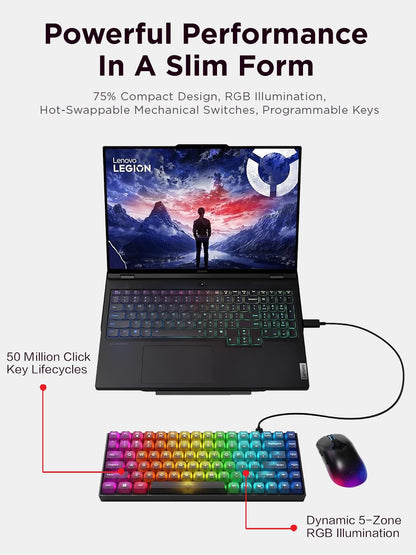 Lenovo GY40T26478 Legion K500 RGB Mechanical Gaming Keyboard, 3 ZONE Full-size Keyboard, 7 user Programmable Hot Keys; 16.8 Million Colors, 50 Million-Click Red Mechanical Keys, Detachable Palm Rest