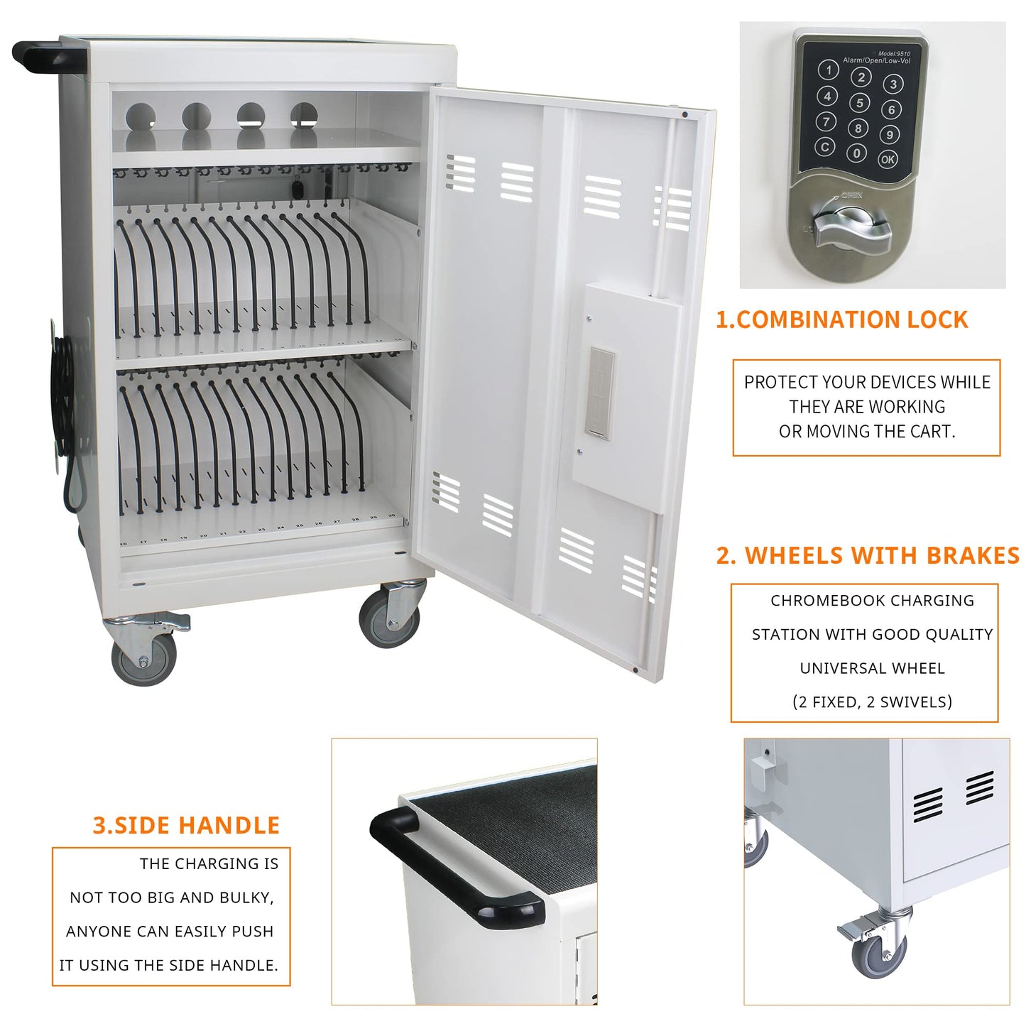 35 Device Mobile Charging Cart, Chromebooks and Laptop Computers, Locking Charging Station with Lock & Key for The Front Back Door, Surge Protection