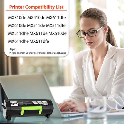 601H Toner Cartridge Compatible for Lexmark MX310dn Toner 601H 60F1H00 for MX310dn MX611de MX611dhe MX610de MX511de MX410de MX511dhe MX510de MX511dte MX611dte MX611dfe Printer (10,000 Pages, 2 Pack)