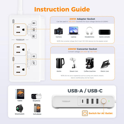 TESSAN Voltage Converter US to Europe, 220 to 110 Voltage Converter, Universal Travel Adapter with 4 USB Ports (1 USB C), 3 AC and EU UK AU IT in ZA Plug Power Adapter, Step Down Transformer, 4 FT