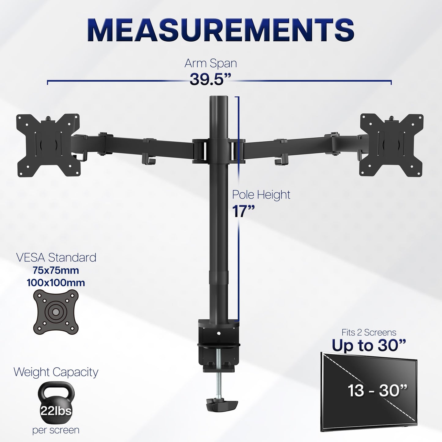 VIVO Dual Monitor Desk Mount, Holds 2 Computer Screens up to 30 inches and 22lbs Each, Heavy Duty Fully Adjustable Steel Stand with C-Clamp and Grommet, Black, STAND-V002
