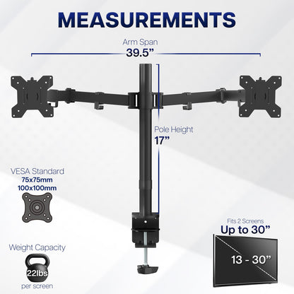 VIVO Dual Monitor Desk Mount, Holds 2 Computer Screens up to 30 inches and 22lbs Each, Heavy Duty Fully Adjustable Steel Stand with C-Clamp and Grommet, Black, STAND-V002