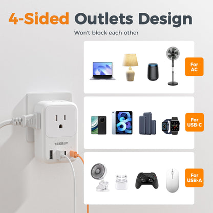 USB C Charger Block 20W, TESSAN PD Fast Charging Adapter with Foldable Plug, 1875W Power Outlet Extender(4 AC and 4 USB) for Cruise, Home, Office, Dorm