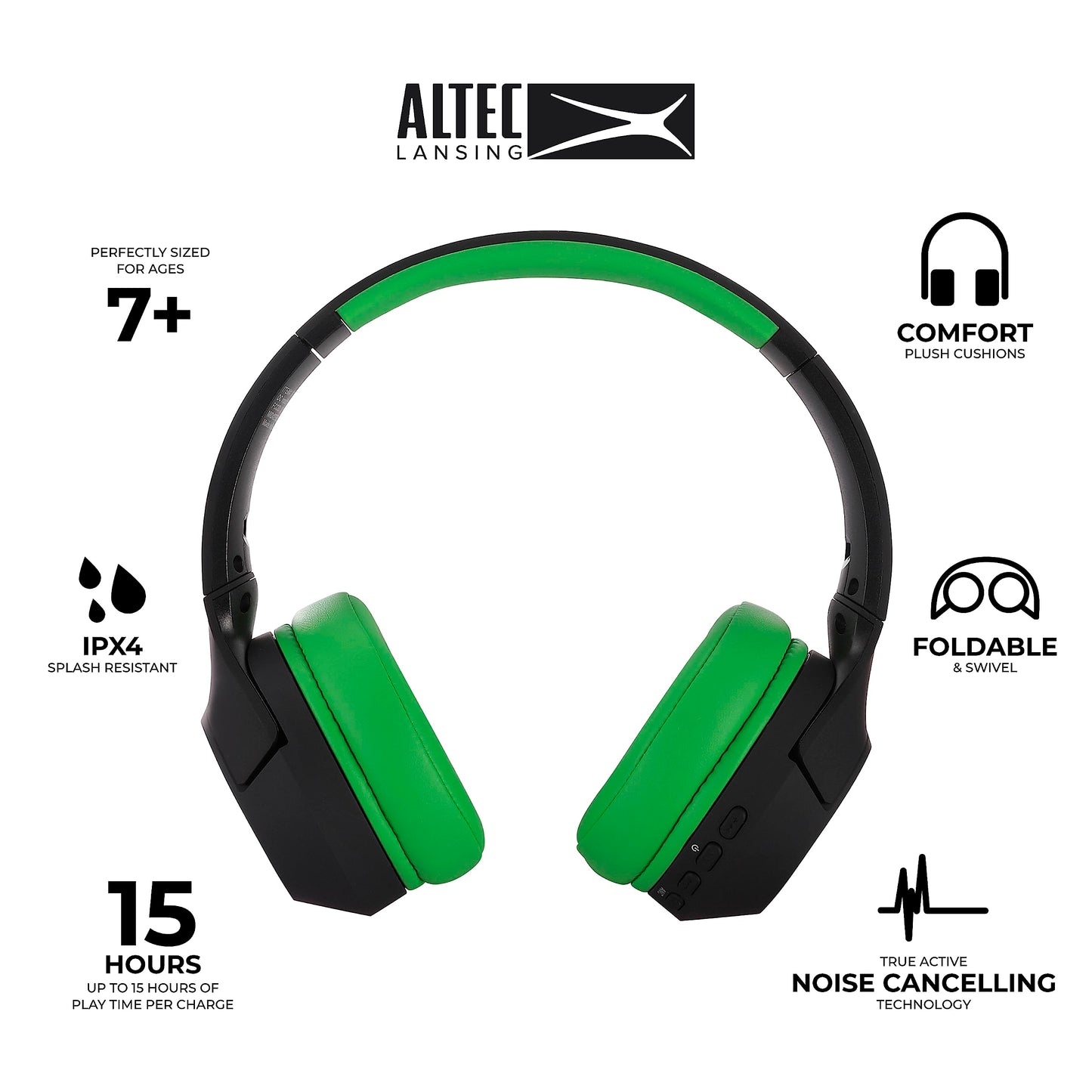 Altec Lansing Kid Safe Noise Cancelling Wireless Headphones 15H Battery, 85dB Volume Limit, Foldable Design Powerful Sound, Active Noise Cancellation Perfect for Kids Ages 7+ (Whiteout Pop Pink)
