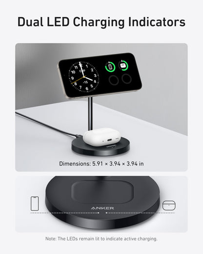 Anker MagSafe Compatible MagGo Charger Stand, iPhone 17 Wireless Charger, 2-in-1 Charging Station, Qi2 Certified 15W Fast Charging, for iPhone 17/16/15/14/13/12, AirPods Pro (Black, No Adapter)
