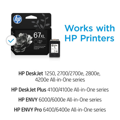 HP 67Xl Black High-Yield Ink Cartridge - 2 Pack| Works with DeskJet 1255, 2700, 4100, Envy 6000, 6400 Series