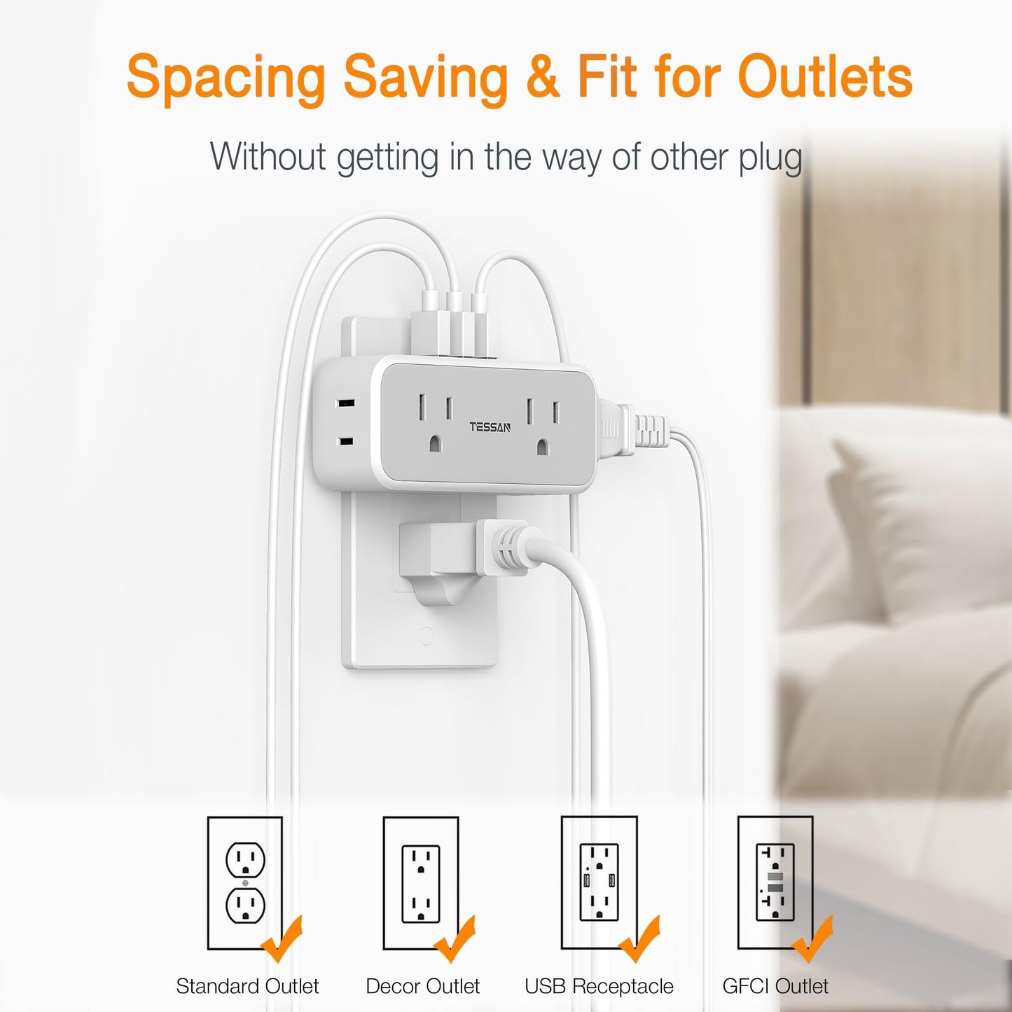 Surge Protector Outlet Extender, TESSAN Multi Plug Splitter with 4 Electrical Outlets 3 USB Ports(1 USB C), Multiple Plug Mini Wall Expander for Home Bathroom Office Dorm Room Essentials
