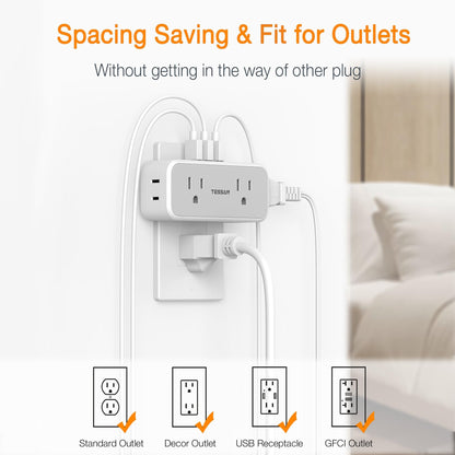 Surge Protector Outlet Extender, TESSAN Multi Plug Splitter with 4 Electrical Outlets 3 USB Ports(1 USB C), Multiple Plug Mini Wall Expander for Home Bathroom Office Dorm Room Essentials