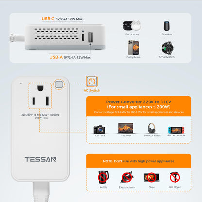 TESSAN 220 to 110 Voltage Converter US to Europe, International Travel Power Adapter with 4 USB Ports(2 USB C), 2 AC and EU/UK/AU Plug Universal Power Converter Adapter Combo, Step Down Transformer