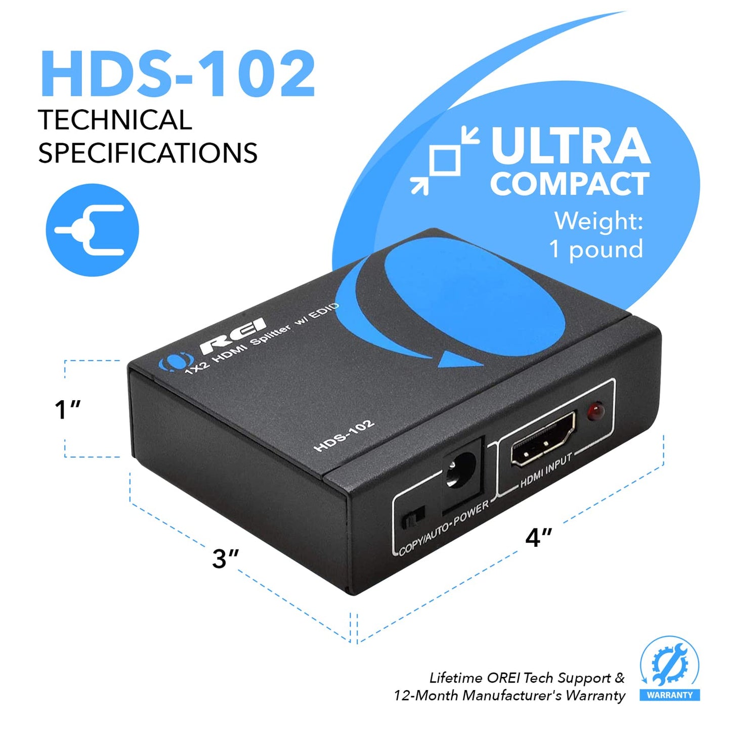 OREI HDMI Splitter 1 in 2 out - Ultra HD 4K @ 30Hz, HDCP, 3D & Full HD 1080P Support for Xbox, PS4, Blu-ray, HDTV - Adapter Included