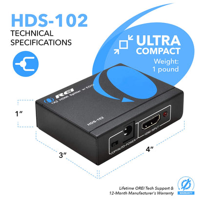 OREI HDMI Splitter 1 in 2 out - Ultra HD 4K @ 30Hz, HDCP, 3D & Full HD 1080P Support for Xbox, PS4, Blu-ray, HDTV - Adapter Included