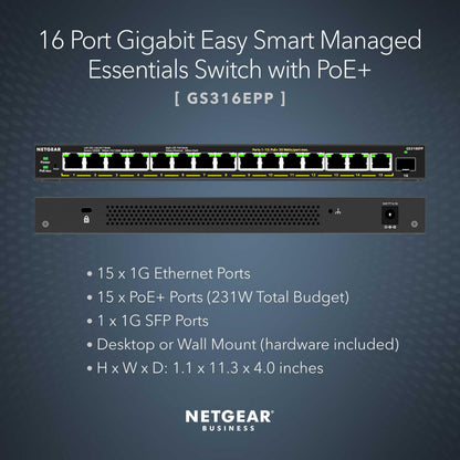 NETGEAR 5 Port PoE Gigabit Ethernet Easy Smart Managed Essentials Switch (GS305EP) - with 4 x PoE+ @ 63W, Desktop or Wall Mount