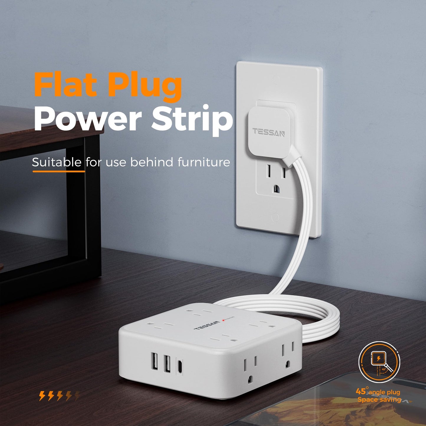 TESSAN Surge Protector Power Strip, 5 Ft Flat Plug Extension Cord with 3 USB (1 USB C) 8 Outlets, 1250W, 900J Protection, 3 Sided Outlet Extender with Power Switch for Office, Dorm Room, Grey