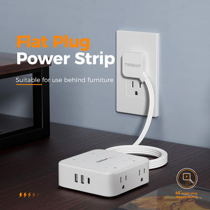 TESSAN Surge Protector Power Strip, 5 Ft Flat Plug Extension Cord with 3 USB (1 USB C) 8 Outlets, 1250W, 900J Protection, 3 Sided Outlet Extender with Power Switch for Office, Dorm Room, Grey
