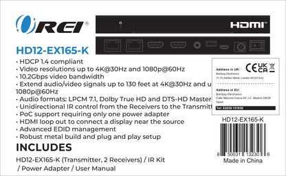 OREI 4K HDMI Extender over ethernet CAT5/CAT6/CAT7 Up To 165 Feet At 1080@60hz - HDMI 1.4 & HDCP 1.4 Compliant with One Way IR Pass Through, HDMI Loop Output & Power Over Cable