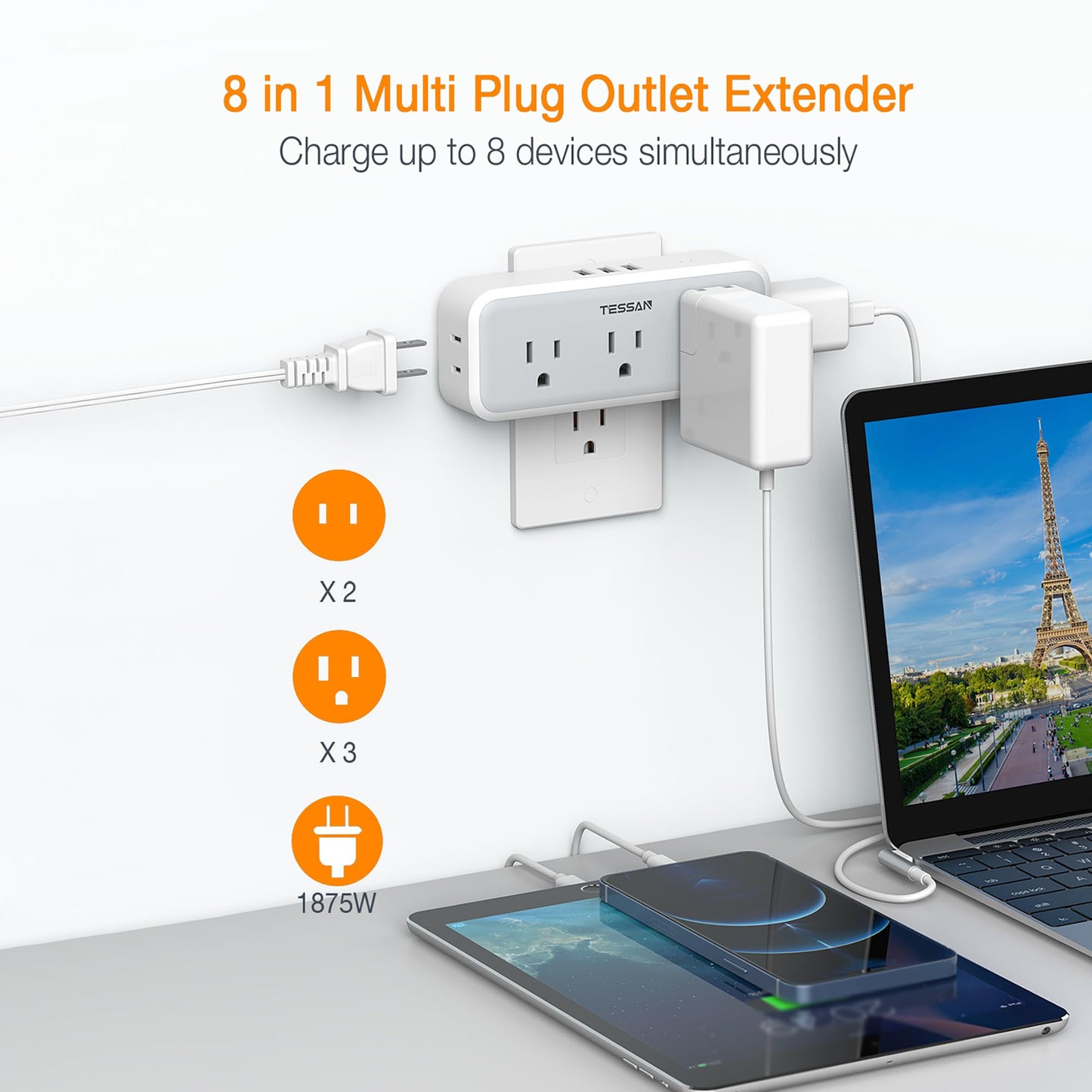 Multi Plug Outlet Extender, TESSAN Surge Protector Wall Plug Splitter with 5 Electrical Outlet Expander, Multiple Plug Adapter for Travel Home Office