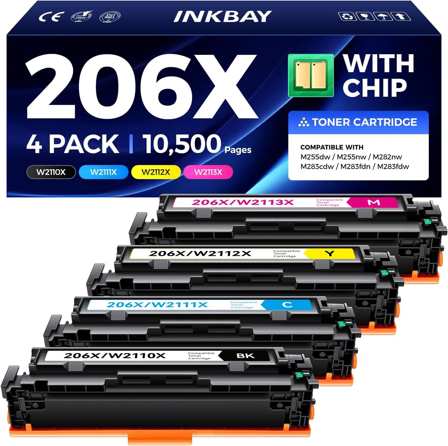 206X Toner Cartridge Set 4-Pack High Yield Replacement for HP 206X 206A Toner Compatible with HP Color LaserJet Pro MFP M283cdw M283fdn M283fdw M282nw M255dw M255nw Printer (Black Cyan Magenta Yellow)