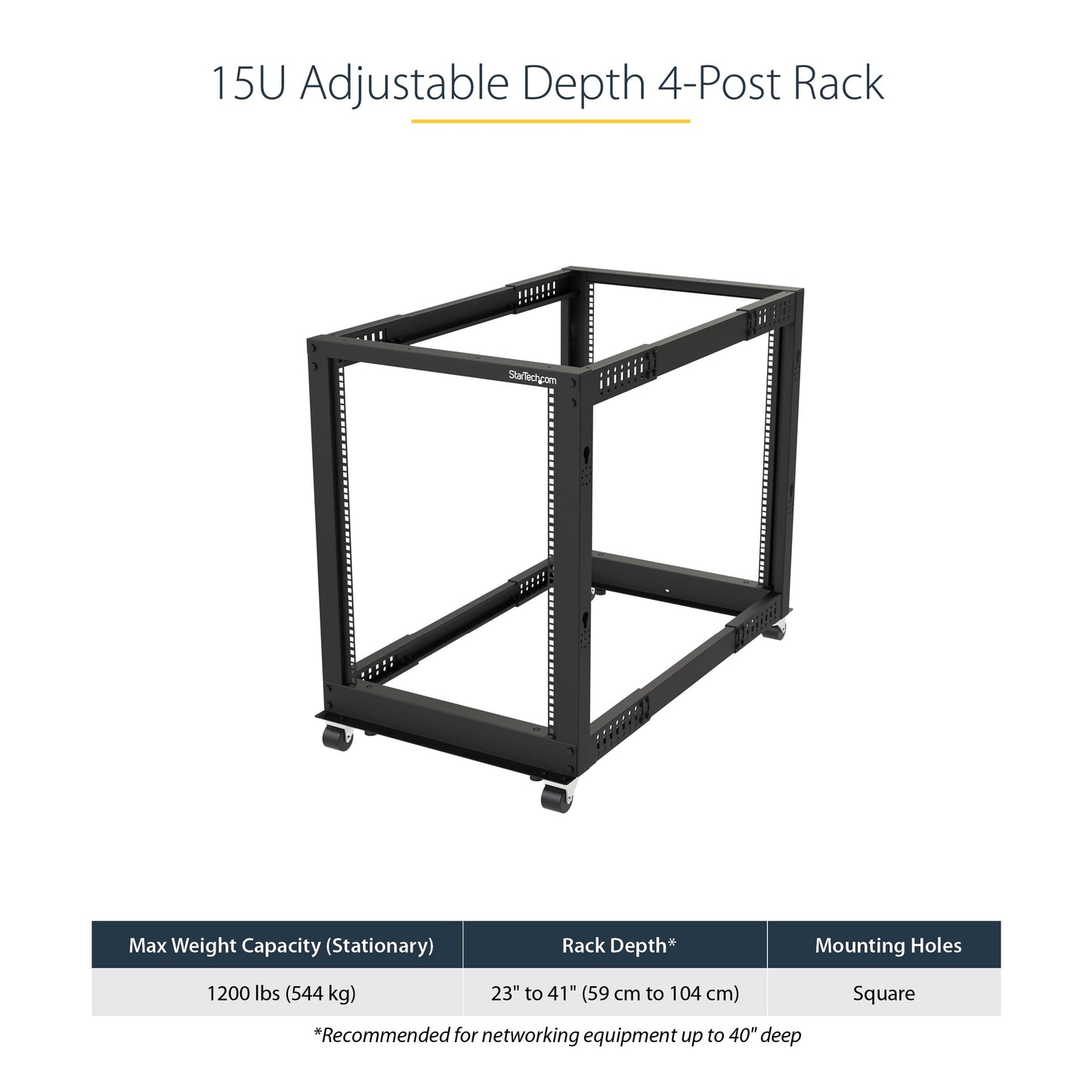 StarTech 42U 4-Post Server Rack, 19in Open Frame Rack with 40in (101cm) Mounting Depth and 1323lb (600kg) Weight Capacity, Mobile or Floor Mount IT Rack