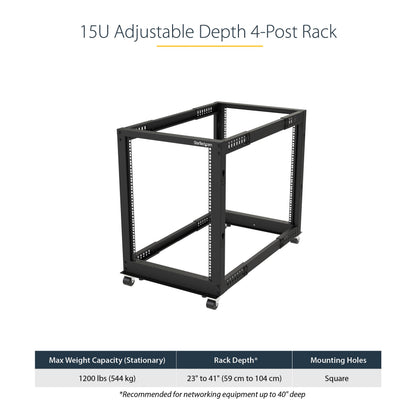 StarTech 42U 4-Post Server Rack, 19in Open Frame Rack with 40in (101cm) Mounting Depth and 1323lb (600kg) Weight Capacity, Mobile or Floor Mount IT Rack