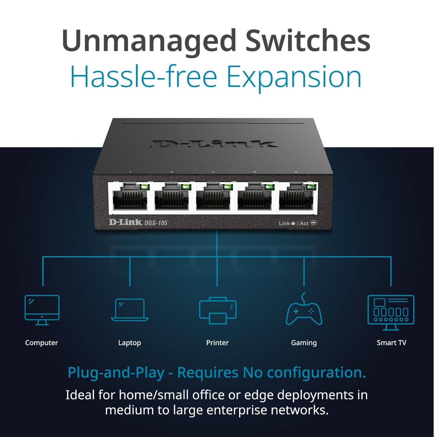 D-Link Ethernet Switch, 5 Port Gigabit Unmanaged Metal Desktop Plug and Play Compact (DGS-105),Black