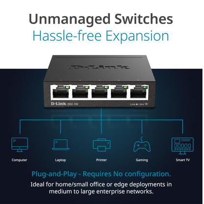 D-Link Ethernet Switch, 5 Port Gigabit Unmanaged Metal Desktop Plug and Play Compact (DGS-105),Black
