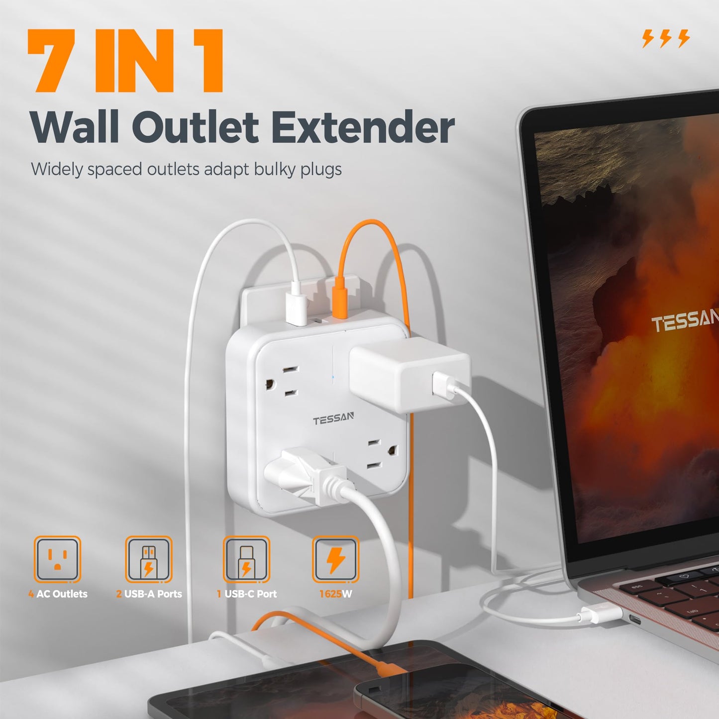 TESSAN Multi Plug Outlet Extender, Surge Protector Splitter with 3 USB (1 USB C Port) Wall Charger, Multiple Expander for Travel, Home, College Dorm Room