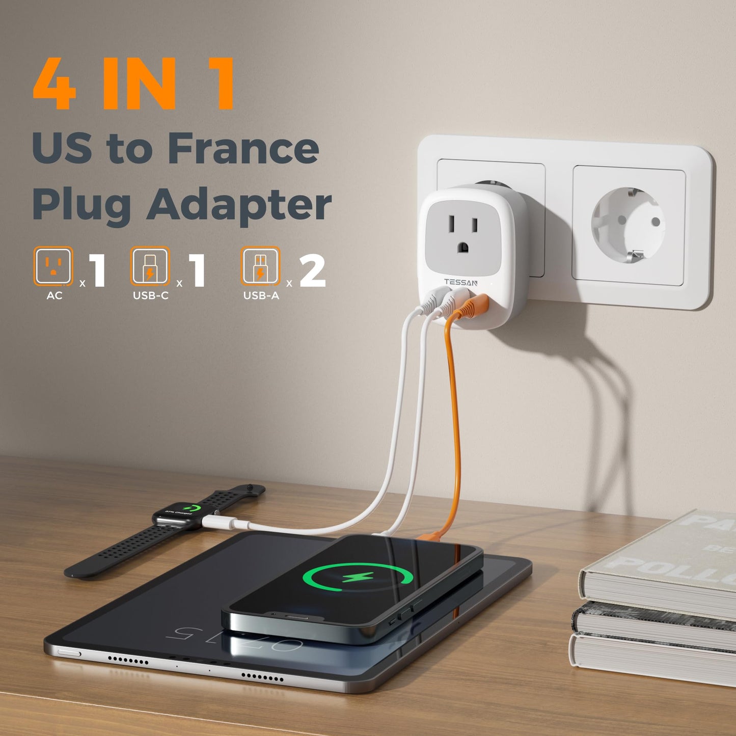 2 Pack European Travel Plug Adapter, TESSAN US to Europe Plug Adapter with 3 USB Ports (1 USB C), Type C Power Outlet for EU International Italy Iceland Spain France Germany