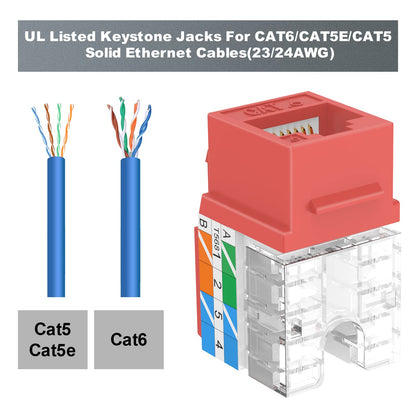 VCE UL Listed 10Gbps Cat6 Keystone Jack Insert 25-Pack, 90 Degree Punch Down RJ45 Keystone Jack Adapter Slim Profile Blue
