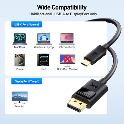 Cable Matters Unidirectional USB C to DisplayPort 1.4 Cable - 6ft, Support 8K@60Hz / 4K@240Hz, Thunderbolt 4 to DisplayPort Cable, Display Port to USB C, Black - Not for Portable USBC Monitor