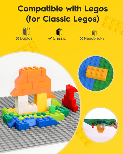 Pokiiulk Classic Gray Baseplates, 32x32 Studs Square Base Plates for Play or Display Bricks Creations, Compatible with Classic Legos, 10" x 10", Pack of 2, Perfect for City Streets, Castle, Mountains